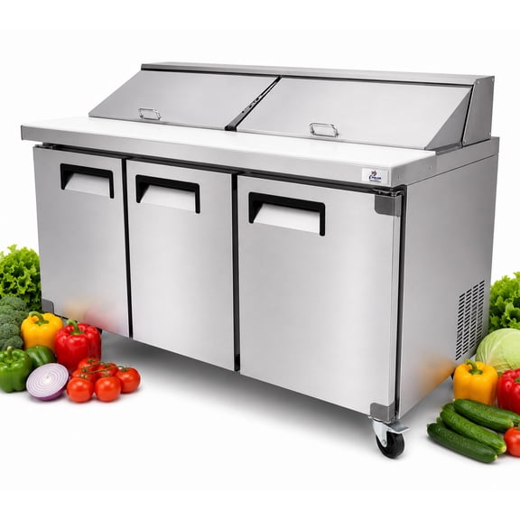 NSF 72" Commercial Sandwich Prep Table Refrigerator, 3-Door Stainless Steel Salad & Pizza Prep Refrigerator, 20 Cu. Ft., 33°F–41°F, 115V