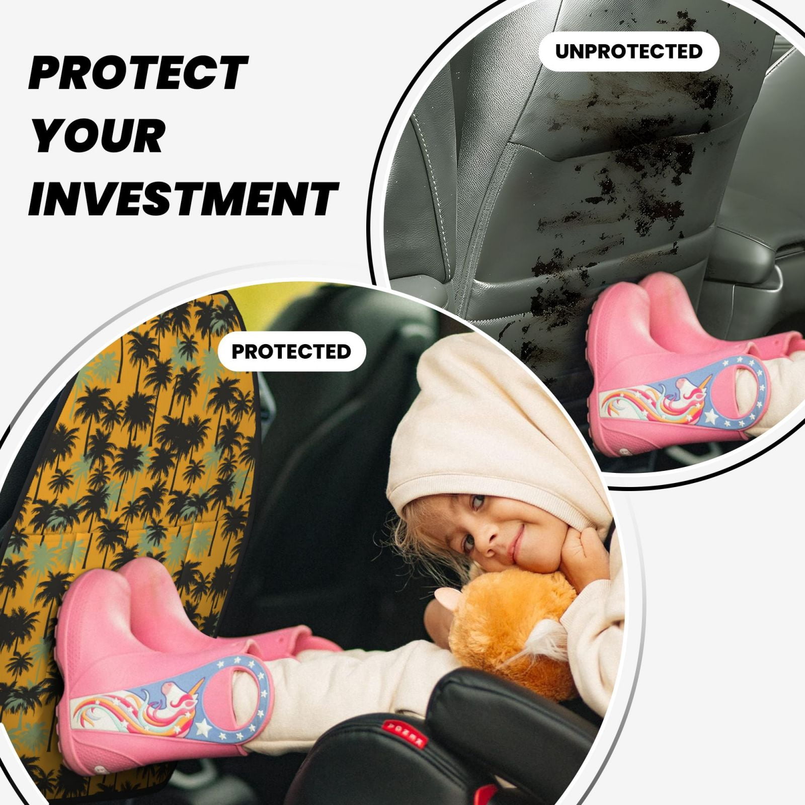 Kdxio Hawaii Palms Print 2 Pack Car Kick Mat Seat Cover Back Protector Mat with Pockets for Organizer Backseat Protector and Storage Anti Kick Pad for Vehicles