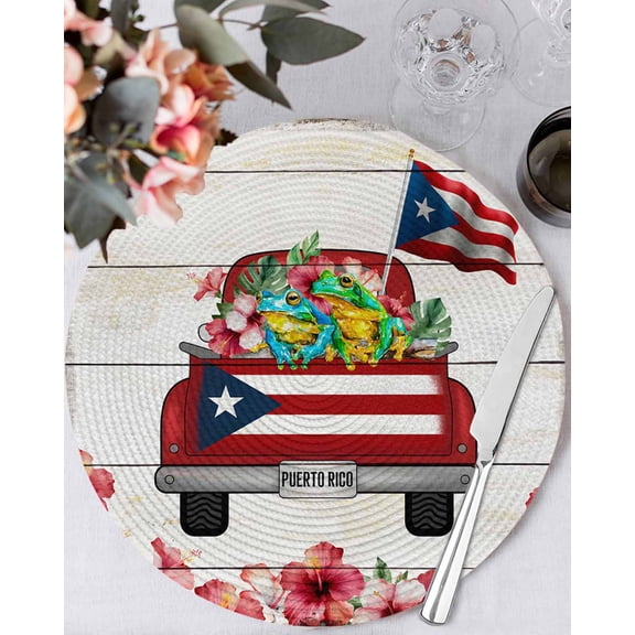 13 Inch Round Placemats Set of 6, Puerto Rican Flag Non Slip Heat Insulation PP Table Mats, Vintage Country Truck Flowers Wooden Grain Washable Place Mats for Kitchen Dining Party Table Decor