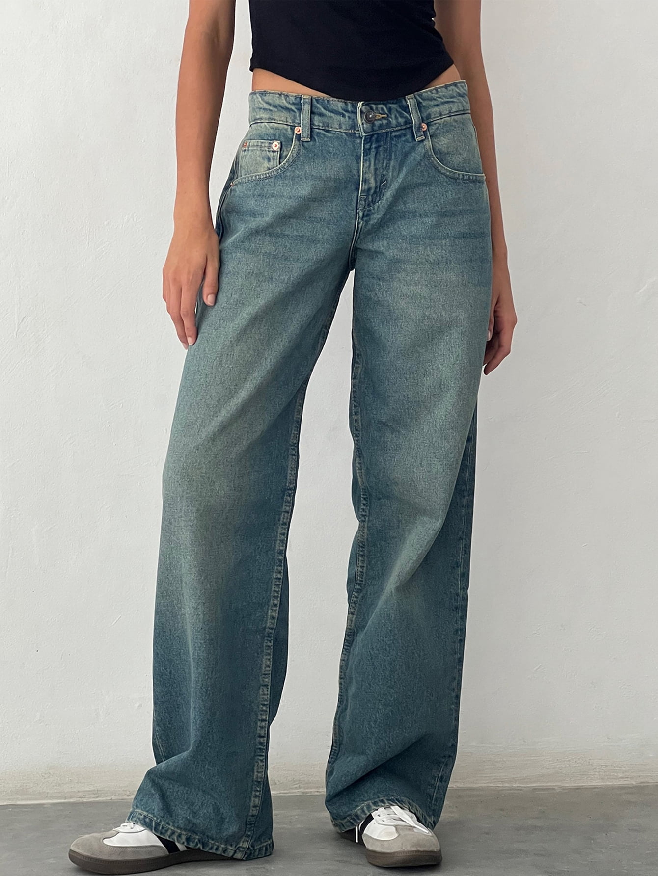 Jean Femme Taille Haute Baggy En Denim Élastique - Coupe Droite Wide Leg - Confort Vintage Décontracté