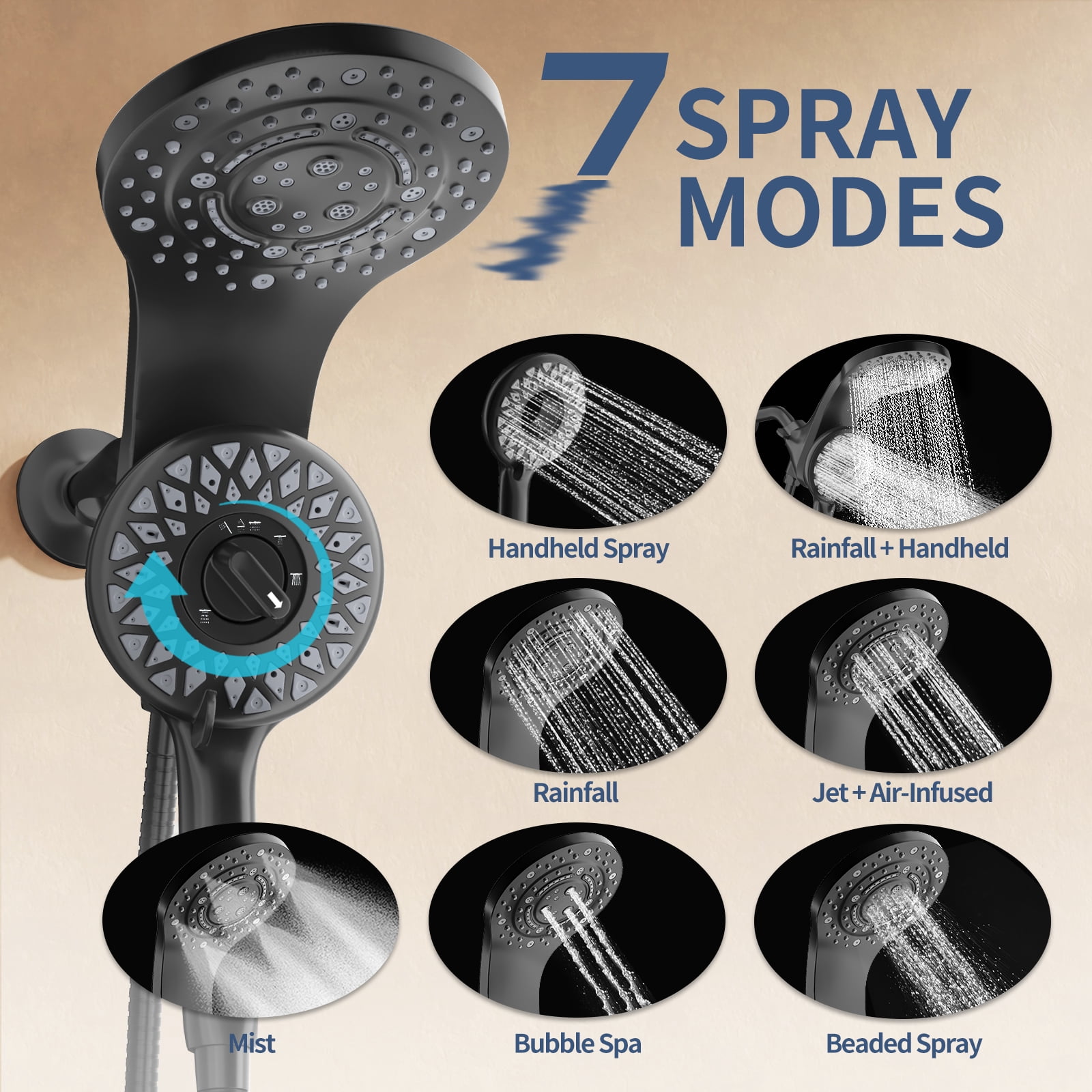 KAIYING Magnetic Dual Shower Head, 2-in-1 Rain and Handheld Spray Combo with 71 Inch Hose, Mate Black
