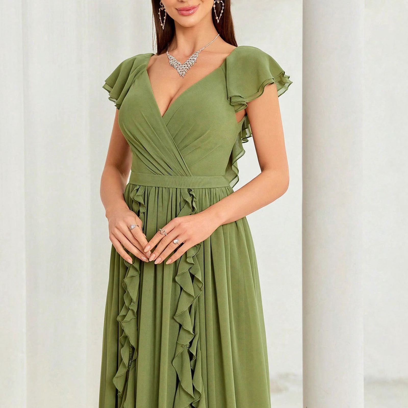 Sentmoon Plus Size Beach Dress Fashion Sleeveless V Neck Womens Sun Dress 2026 Summer Ruffle Regular Fit Casual Dresses for Women for Lounge and Relax Green S