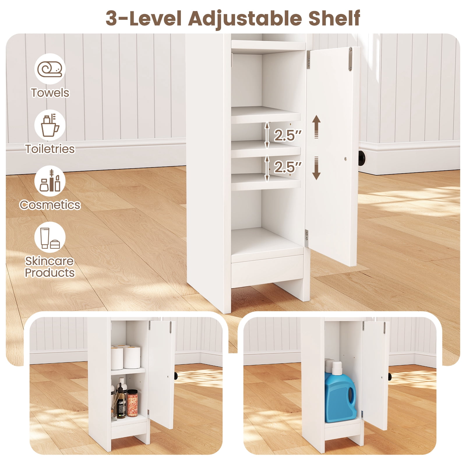 Giantex Slim Corner Bathroom Cabinet, Narrow Floor Cabinet w/ 3-Level Adjustable Shelf, Freestanding Storage Organizer, White
