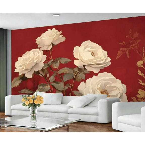 Large White Rose Wallpaper - Red White Flower Mural For Living Room Bedroom, Rose Mural 55"W x 28"H (Not Peel and Stick)