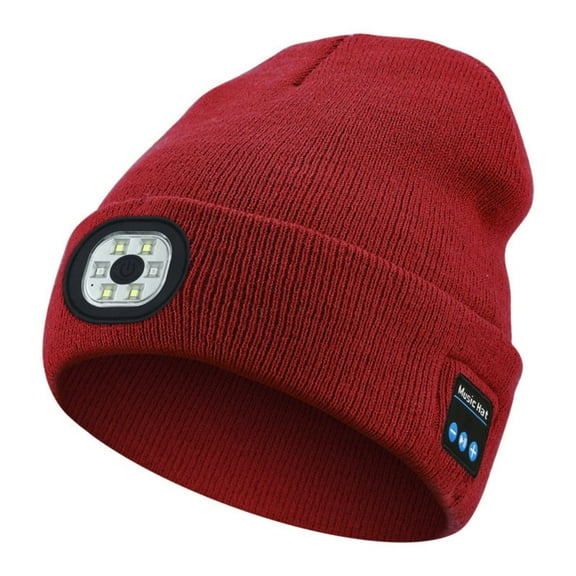Bluetooth Beanie Hat with Light, Unisex USB Rechargeable 6 LED Headlamp Cap with Headphones, Built-in Stereo Speakers & Mic Winter Knitted Beanie Hat (Red)