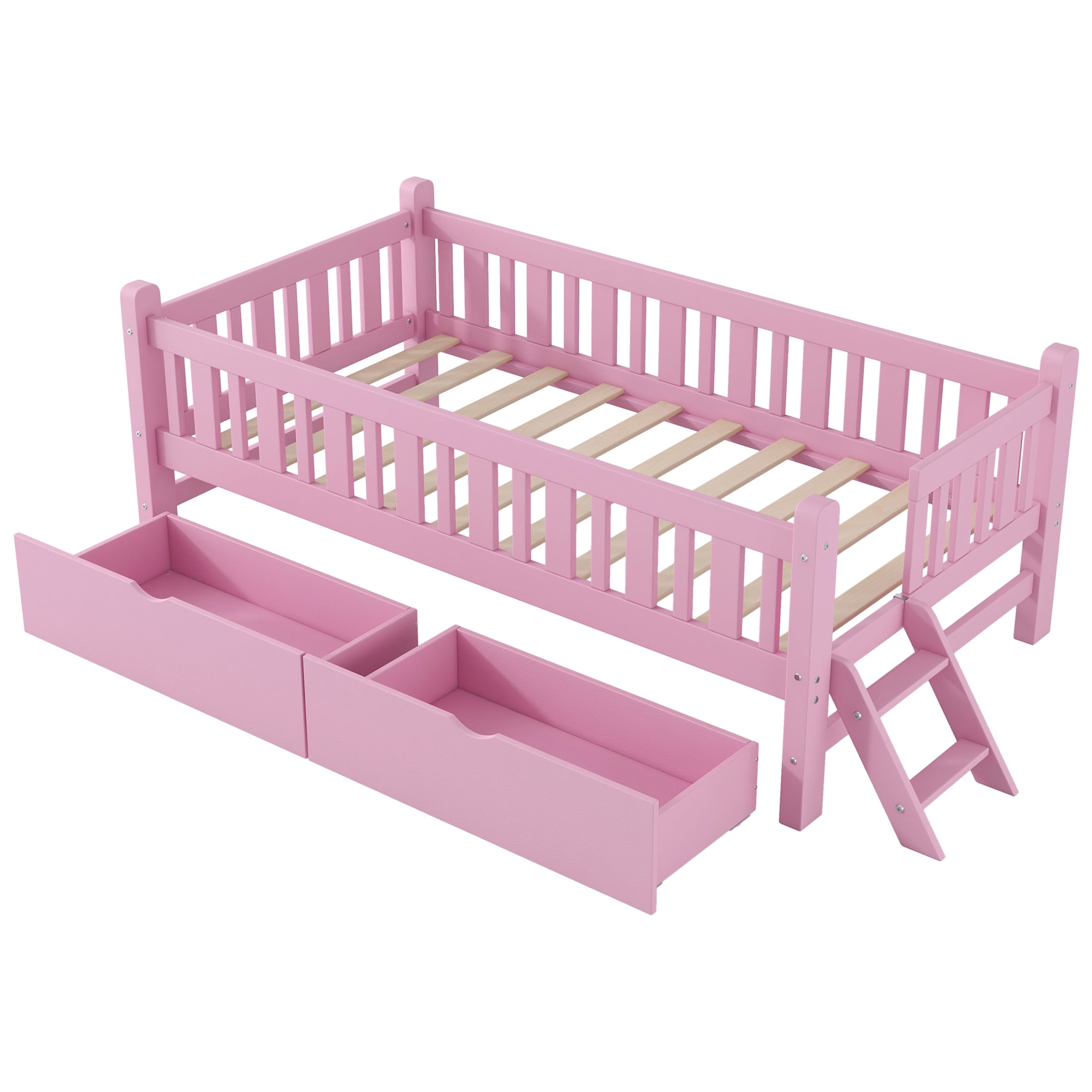 Noble House Wood Twin Platform Bed, Semi-Enclosed Fence Guardrail Bed with Storage Drawers, Solid Pine Wood, Pink