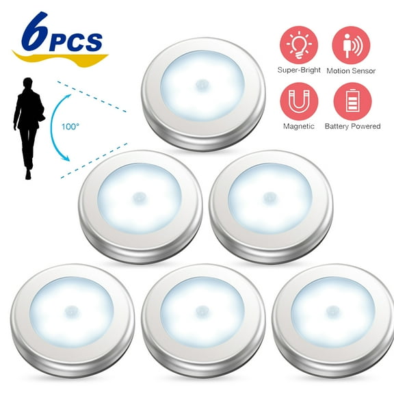 NEW VERSION Motion Sensor Lights, Battery-Powered LED Night Lights, Stick-Anywhere Closet Lights Stair Lights, Wall Lights for Hallway, Bathroom, Bedroom, Kitchen etc. (White - Pack of 6)