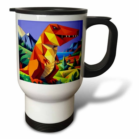 3drose, Funny Cute Colorful T-rex Dinosaur Nature Cubism Style Abstract Art, 14oz Stainless Steel Travel Mug