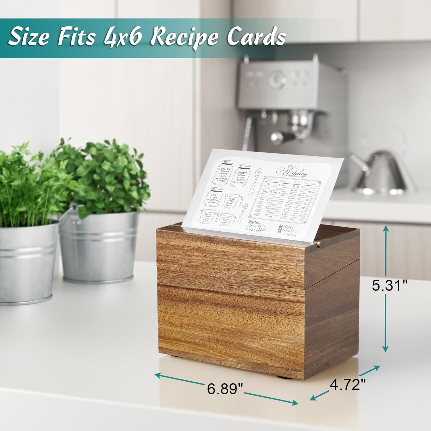 MHSIOAP-Recipe Card Box, Acacia Recipe Holder 4x6, Recipe Organizer with 50 Cards and 6 Dividers, Index Card Box, Wooden Box for Kitchen Countertop