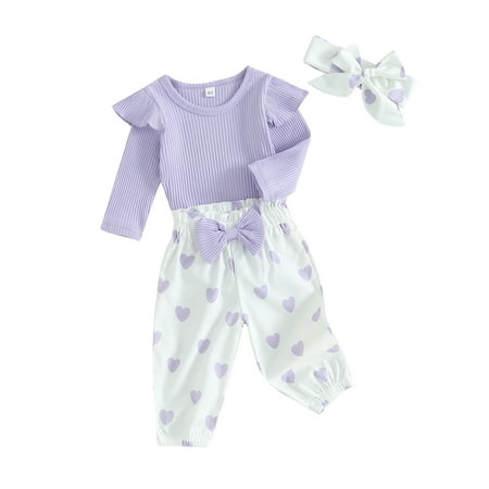 

Bslissey Infant Baby Girls Jumpsuit Outfits Solid Color Long Sleeve Romper + Heart Print Long Pants + Bow Headband 3Pcs Clothes Set for Newborn 3M 6M 9M 12M 18M