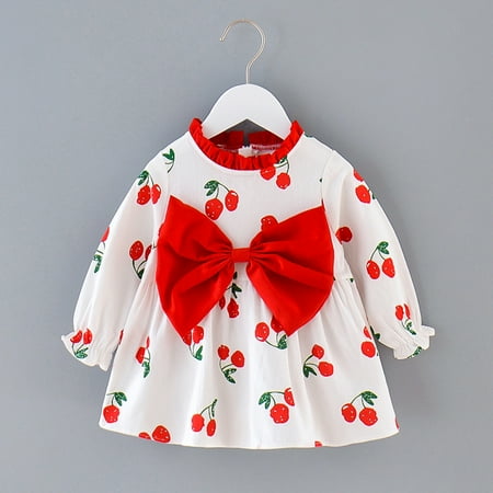 

Augper Toddler Dress Winter Fall Dresses Clearance Toddler Baby Girls Long Sleeve Ruffles Fruit Print Bowknot Princess Dress Red