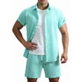 thumbnail image 4 of Men'S Waffle Knit 2-Piece Outfit with Button Down Shirt and Shorts for Summer Emerald XL, 4 of 6