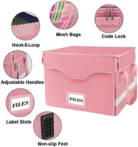 Fireproof Document Box with Lock,File Storage Organizer with Pockets,Collapsible Portable File Box Home Office Safe Filing Cabinet with Handle for Hanging Letter/Legal Folders,Pink,2 Pack