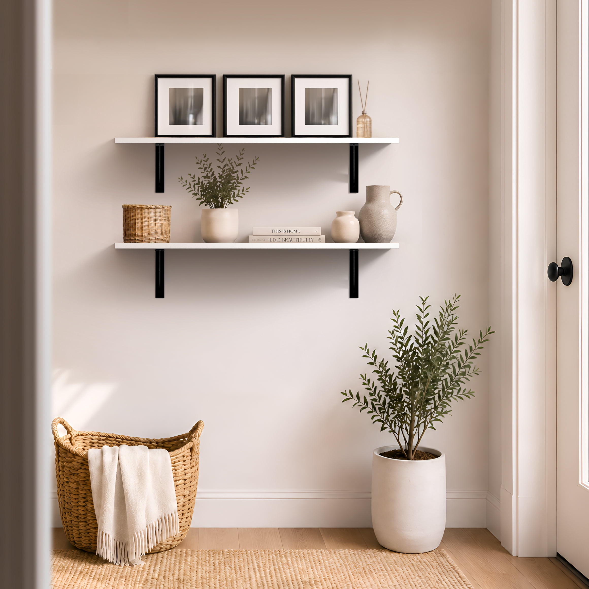 Sorbus 31.5 in Wood Wall Shelves with Black Metal Brackets, White, 2-Piece Set
