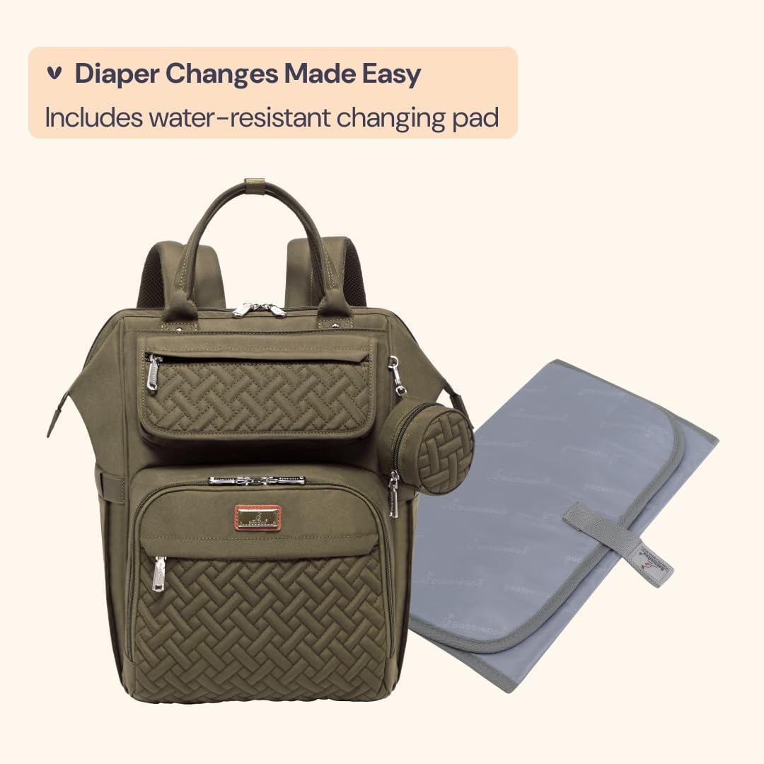 BabbleRoo Widetop Waterproof Diaper Backpack with Insulated Bottle Pockets, Polyester- Army Green