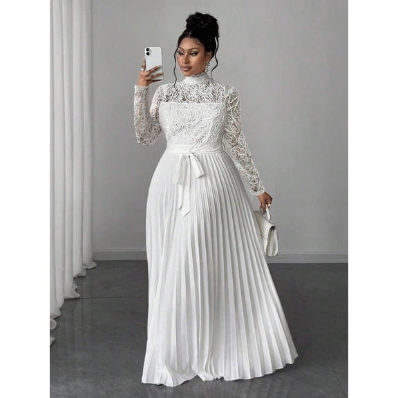 Plus Size Elegant White Lace Bodice Pleated Waist Tie Long Dress