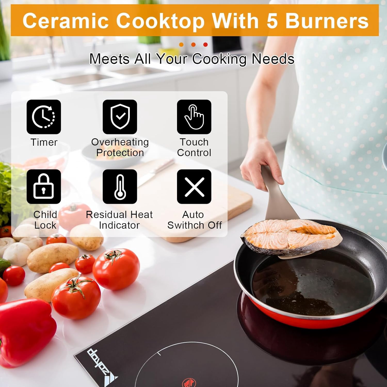 Ktaxon 5-Burner Electric Cooktop, 35" Built-in Ceramic Stove, 8600W, Touch Control w/Safety Lock & Timer