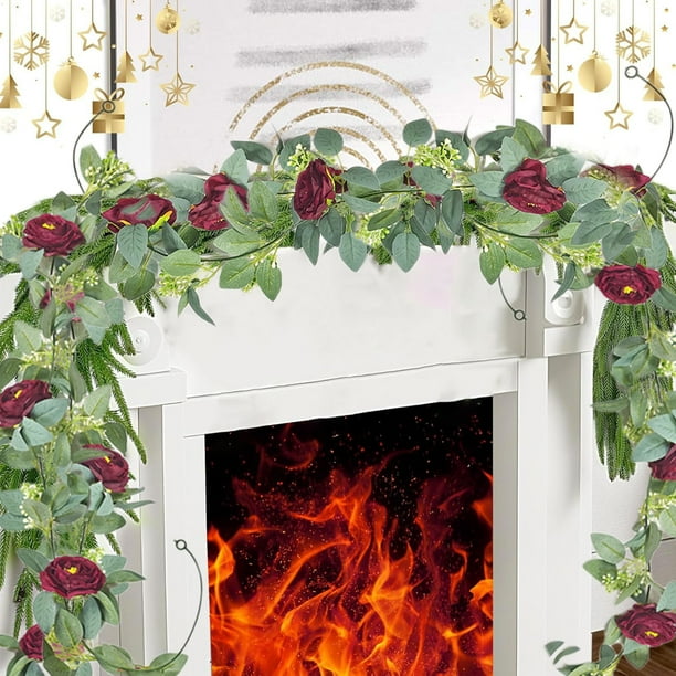 Guirnalda floral navideña de 2 m | Flores rojas y blancas con follaje verde | Decoración navideña artificial para repisas, puertas y escaleras | Decoración navideña para interiores y exteriores