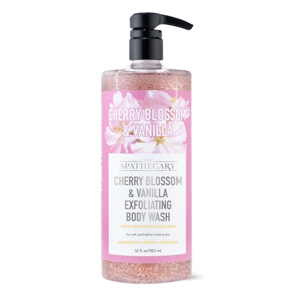 THE SPATHECARY Gel de baño exfoliante de flor de cerezo y vainilla con coco, pera asiática y colágeno | Hidrata, Renueva y Exfolia 32 oz.