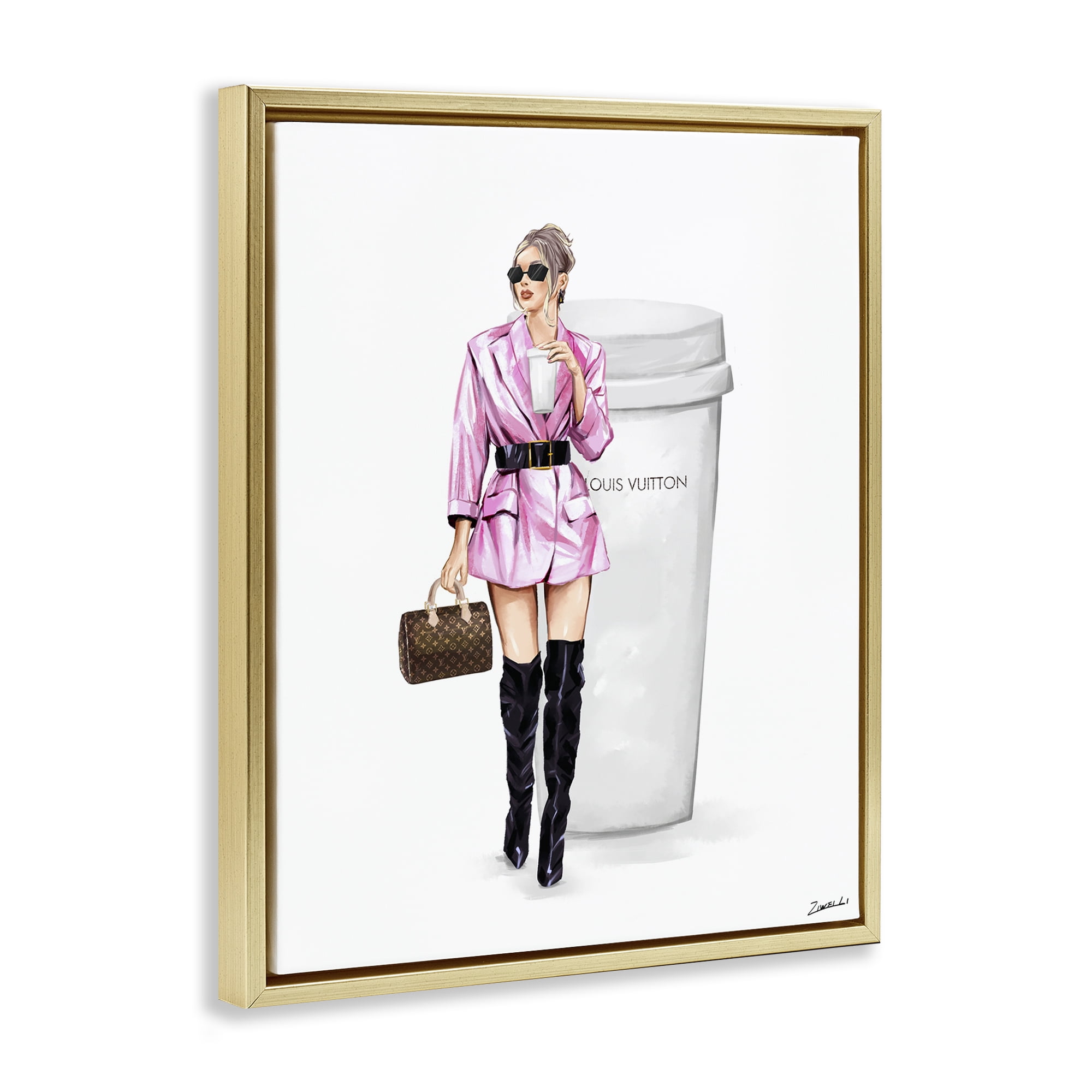 Stupell Industries Woman in Pink with Coffee People Painting Gold Floater Framed Canvas Art Print Wall Art, 17 x 21