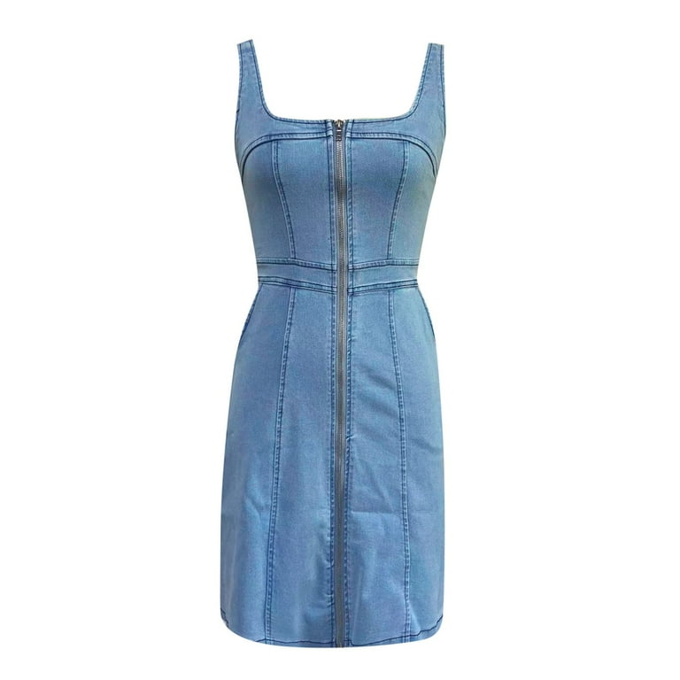 Sexy Solid Color Distressed Slit Zipper U Neck Sleeveless Skinny Denim Dresses Sexy Solid Color Distressed Slit Zipper U Neck Sleeveless Skinny Denim Dresses