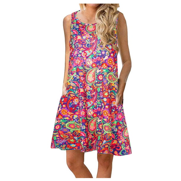 Elegante mujer sin mangas Rounk cuello verano cómodo bolsillos de impresión Casual vestido de tanque suelto OAVQHLG3B Store lin121212