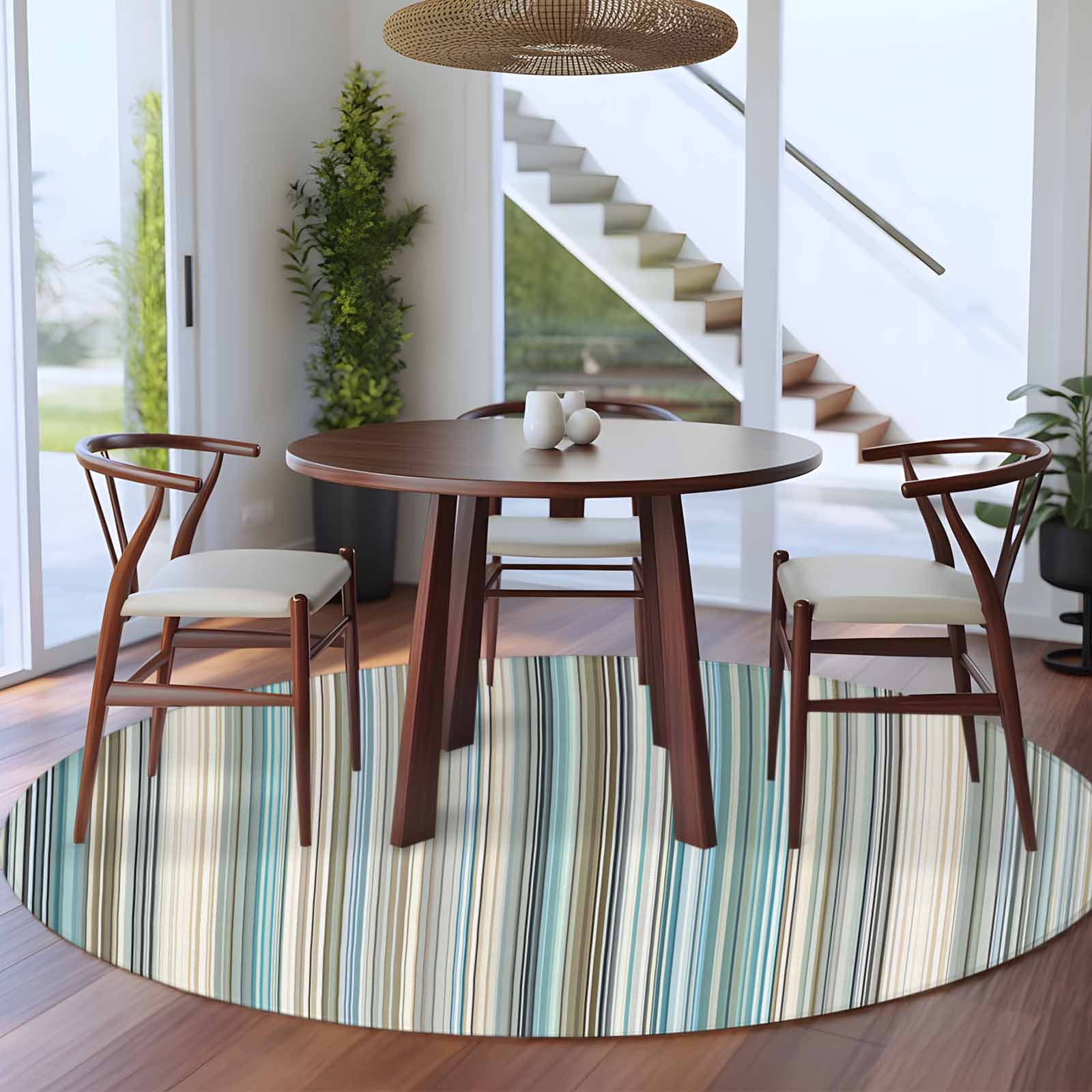 Light Blue Striped Round Area Rug 6Ft Washable Circle Rugs for Bathroom Office, Farmhouse Thin Line Modern Abstract Art Non-Slip Carpet Floor Mats Indoor Outdoor Carpet Runner Aesthetic Home Decor