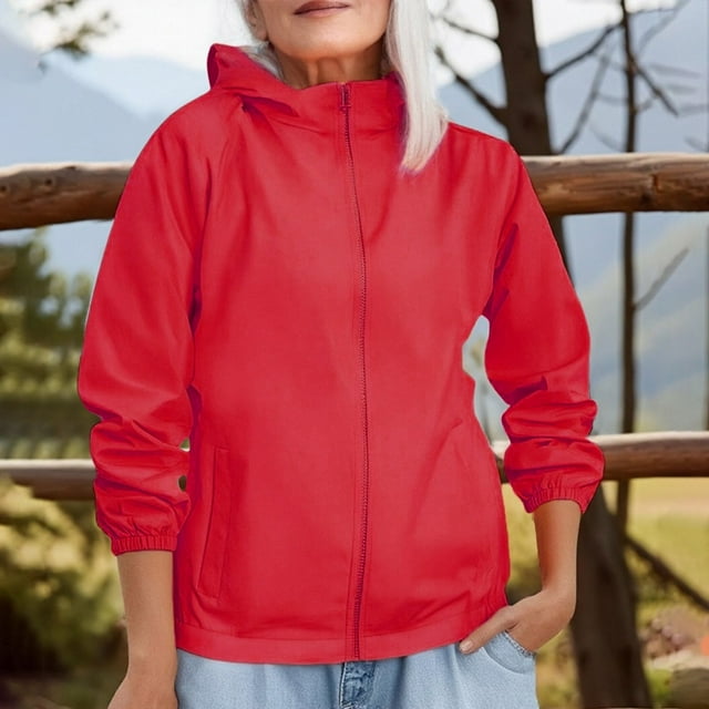 Baberdicy Veste Coupe-Vent Unie pour Femmes, Manteau de Randonnée à Capuche, Veste Coupe-Vent à Capuche, Coquille de Randonnée Extérieure, Manteau de Montagne Rouge 4TG