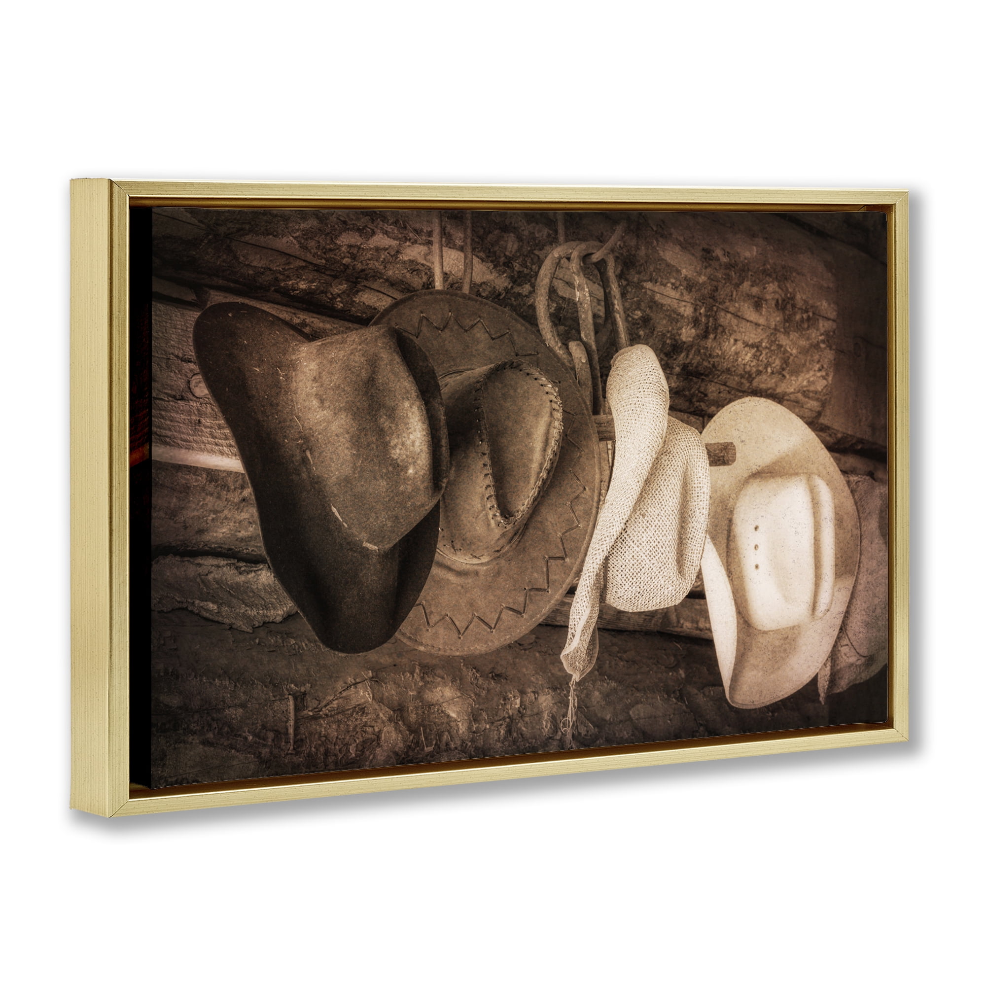 Stupell Industries Rustic Cowboy Hats Entertainment Painting Gold Floater Framed Canvas Art Print Wall Art, 31 x 21