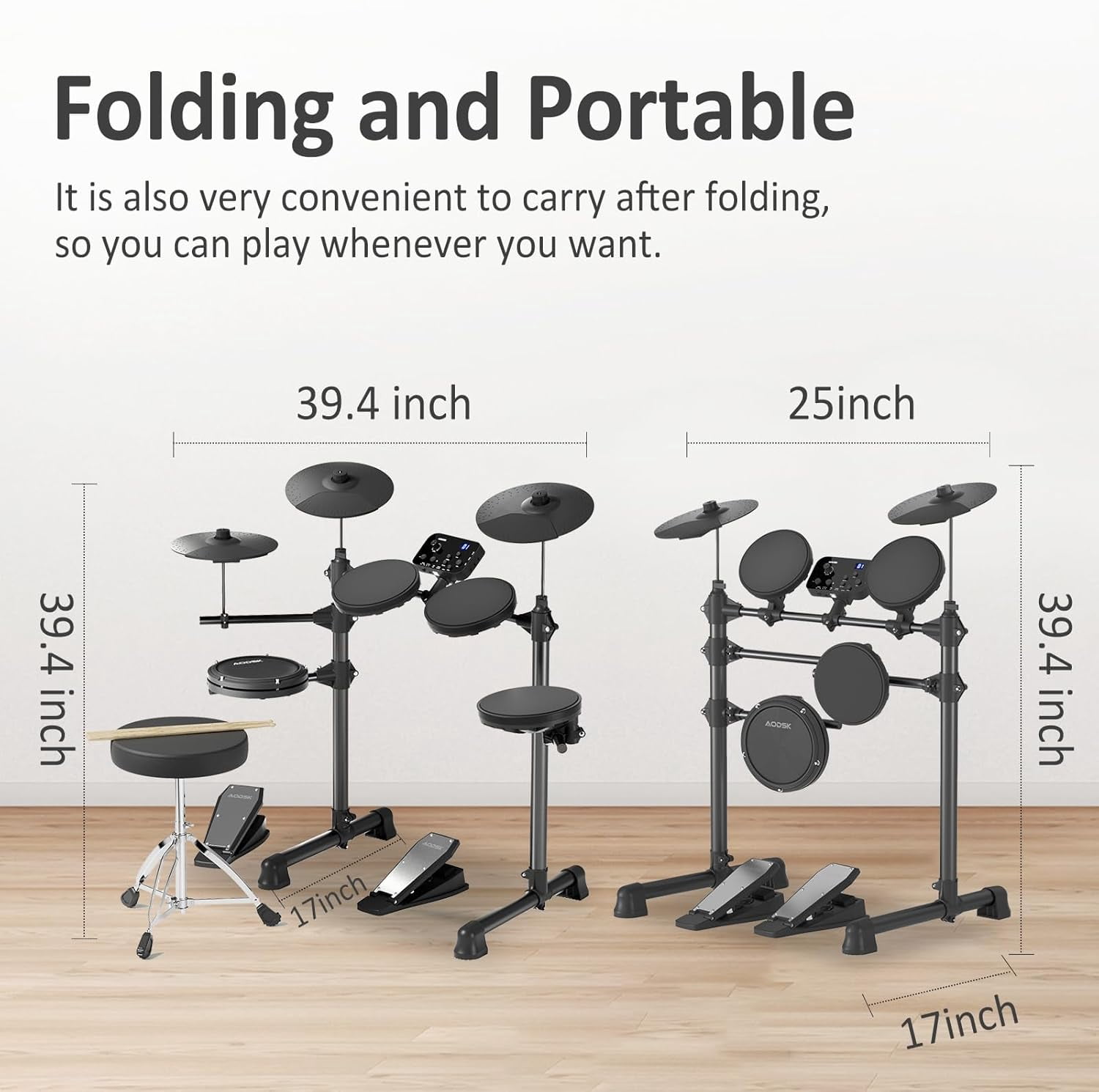 AODSK Electronic Drum Set for Beginners – 150 Sounds, 4 Quiet Pads, 3 Cymbals, 2 Pedals, Includes Throne, Sticks & Headphones – Portable Foldable Design