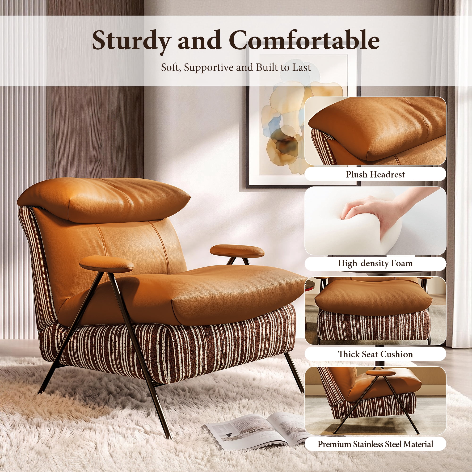 Aukfa PU Accent Chair, Modern Upholstered Armchair with Thick Padded Seat and Back for Living Room & Bedroom, Brown