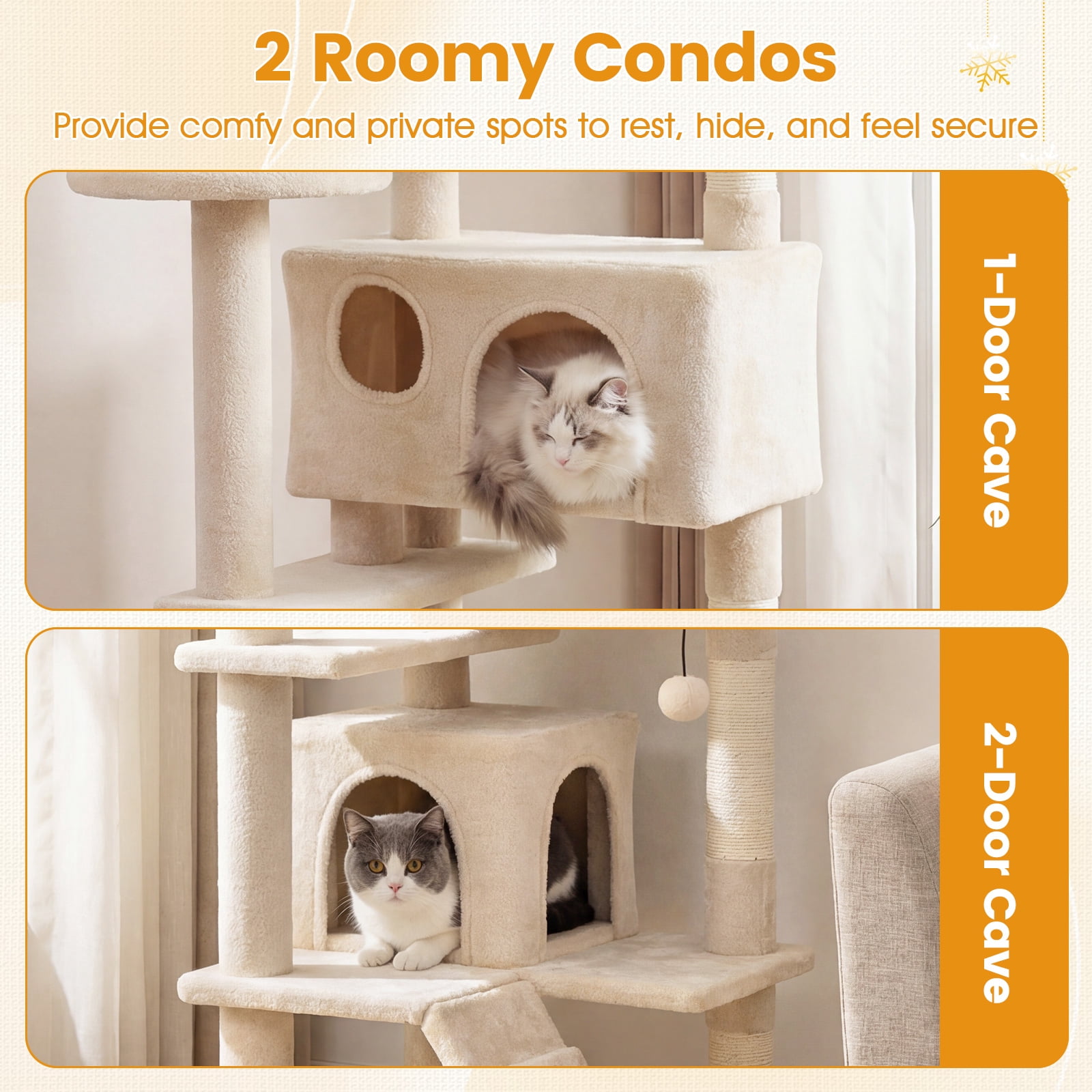 Gymax 52'' Tall Cat Tree Tower w/2 Condos Plush Padded Perch Sisal Scratching Posts Beige
