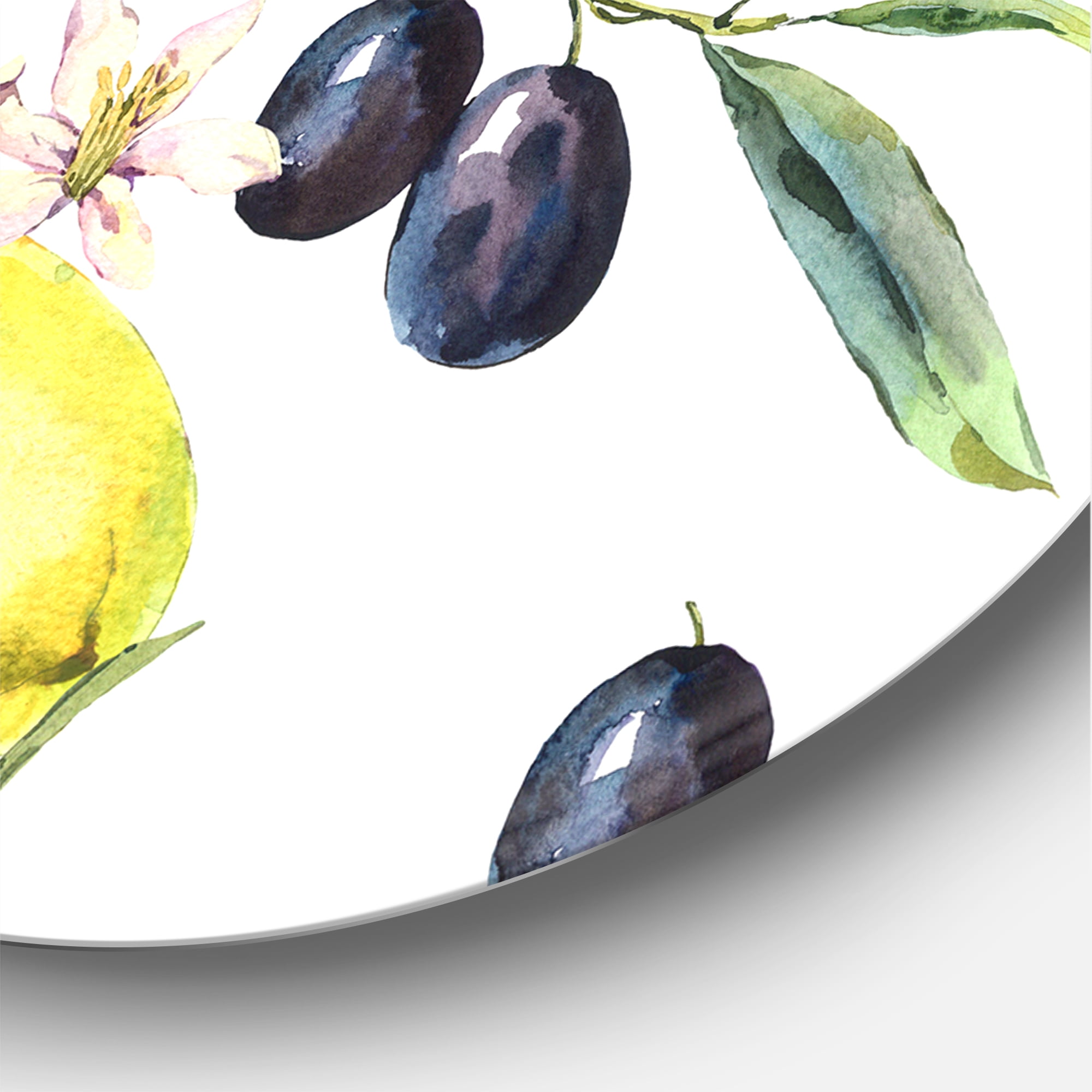 Designart 'Olive and Lemon Branches II' Tropical Circle Metal Wall Art 11x11 - Disc of 11