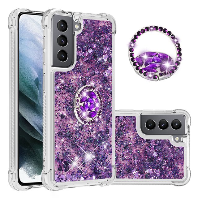 Funda para Samsung Galaxy S21 5G con Brillo Líquido Flotante, Purpurina, Parachoques y Anillo Giratorio Soporte