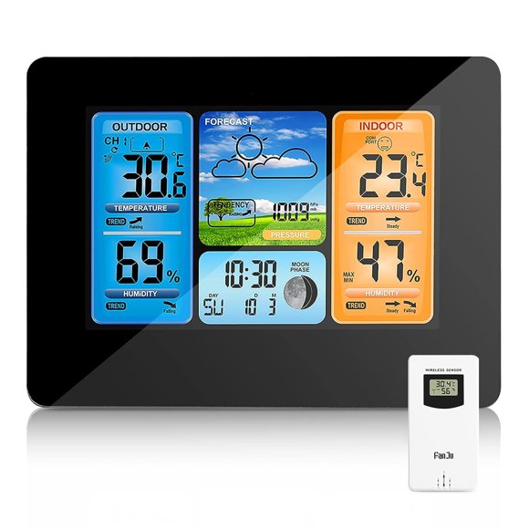 Weather Station - Thermometer Outdoor Weather Stations Wireless Indoor Outdoor Digital Thermometer Hygrometer with Sensor, Color LCD Display, Alarm Clock and 3 Adjustable