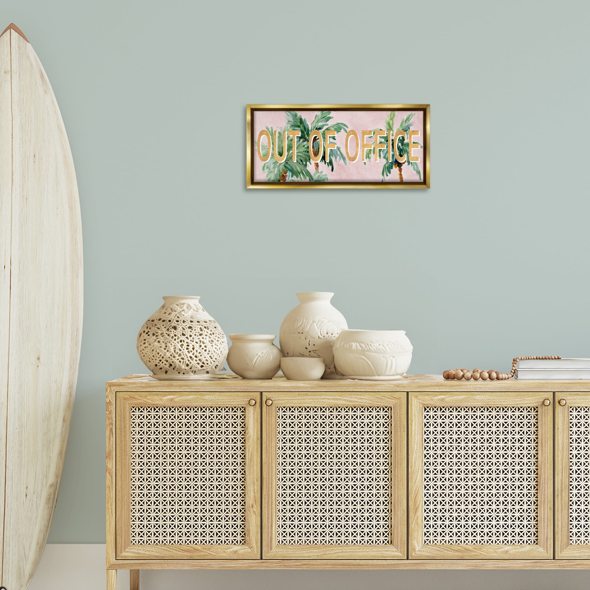 Stupell Industries Out Of Office Palms Typography Painting Gold Floater Framed Canvas Art Print Wall Art, 25 x 11