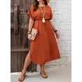 thumbnail image 5 of Rust Brown Plus Size Summer Dress With Short Sleeves, Waist Tie, And Side Slit, 5 of 6