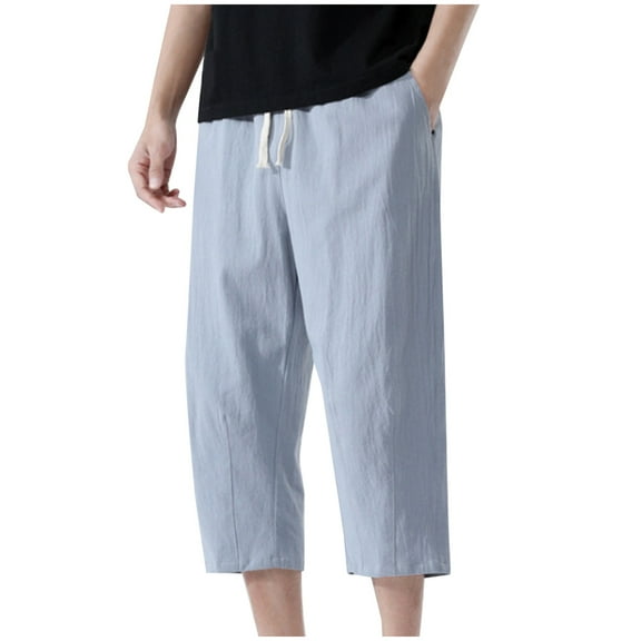 Erwazi Men's Linen Capri Pants Casual Lightweight 3/4 Baggy Pants Drawstring Elastic Waist Beach Yoga Pants with Pockets