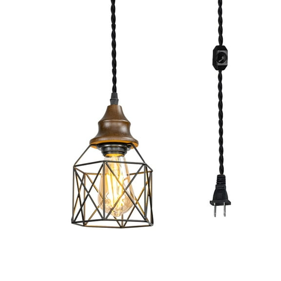 Yequandec 15ft Dimmable Cord Plug-in Pendant E26 Walnut Base Black Cage Shade Hanging Light Vintage Decor for Kitchen Home Office(No Bulb)