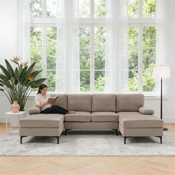 avobird 106" U-Shape Sectional Sofa, Upholstered Sofa with Polyester Blend Fabric & Metal Legs, Modern 4 Seat Sofa for Living Room, Khaki