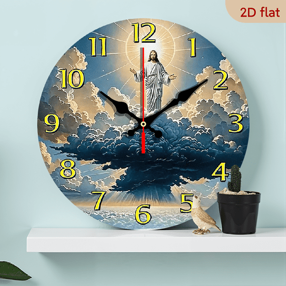 2D Flat 1pc 10Inch Silent Non Ticking Wall Clock with Jesus Christ Celestial Design Wooden Frame, Battery Operated (AA Not Included) Religious Home Decor for Kitchen, Living Room, Christmas Gift