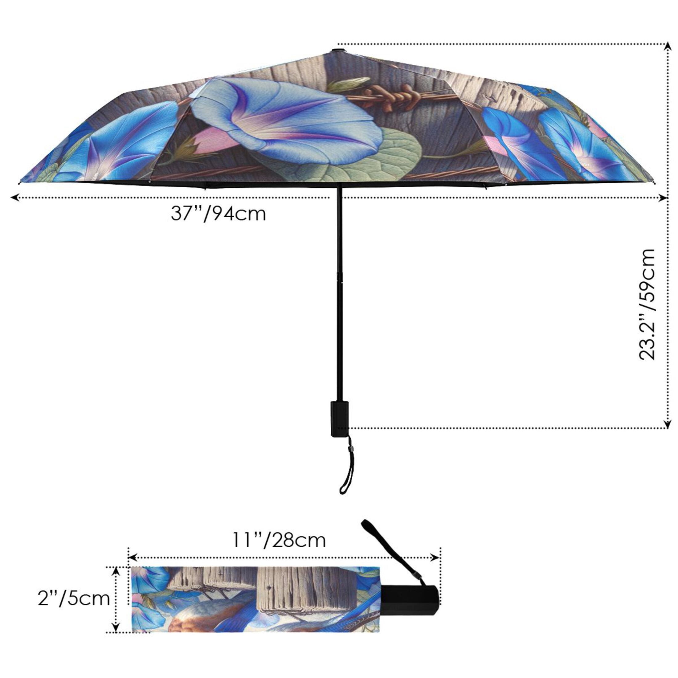 Compact Sun Umbrella Windproof Travel Umbrellas for Rain Strong Portable UV Protection Bluebirds on Wooden Fence and Flower