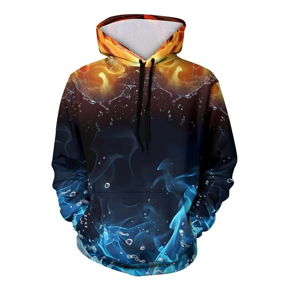 JGGSPWM Fall Winter Men and Women Hooded Sweater Flame Printing Pullover Blouse Lightweight Hoodies Sweatshirt with Pocket Blue XL