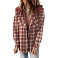 thumbnail image 1 of Womens Plaid Shacket Jacket Long Sleeve Button Down Fleece Hooded Jackets Warm Coat, 1 of 6