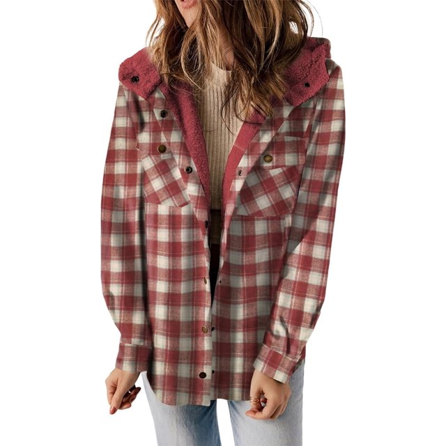 Womens Plaid Shacket Jacket Long Sleeve Button Down Fleece Hooded Jackets Warm Coat