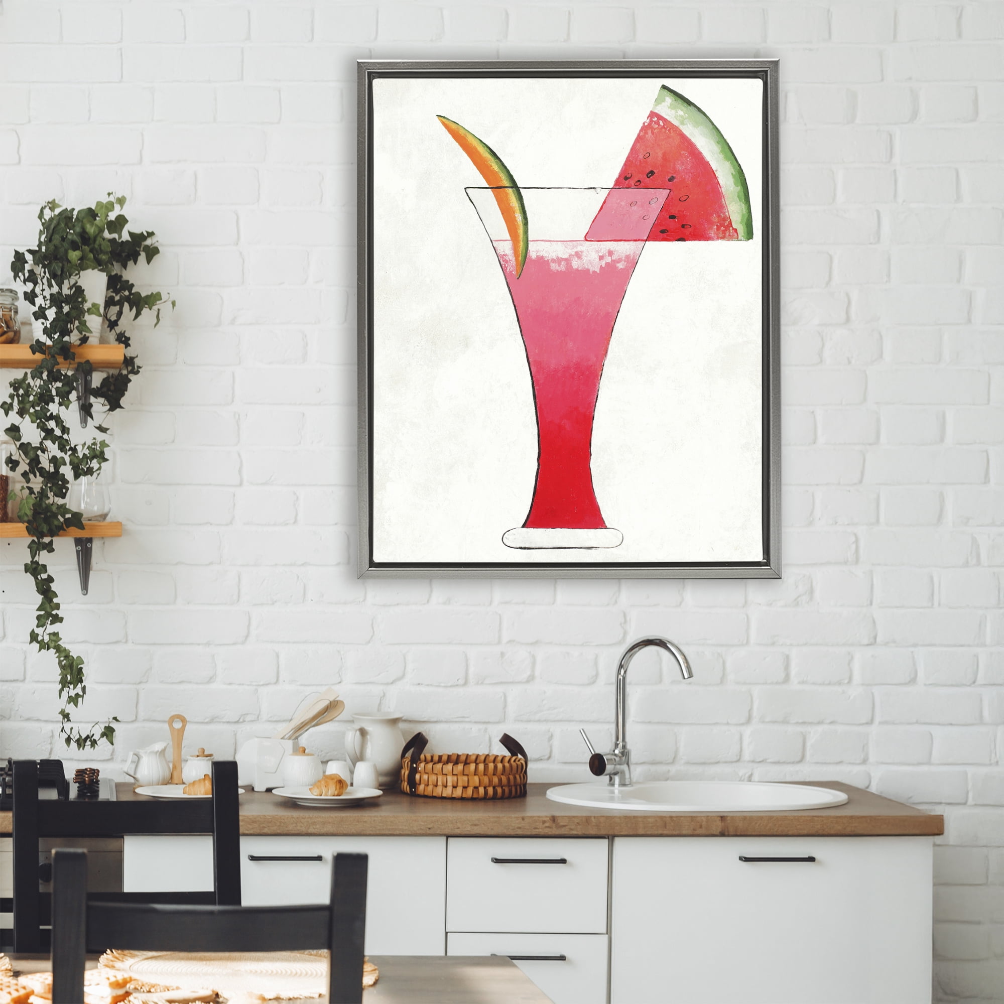 Stupell Industries Summer Cocktail Watermelon Slice Gray Framed Floater Canvas Wall Art, design by Lorenzo Collective