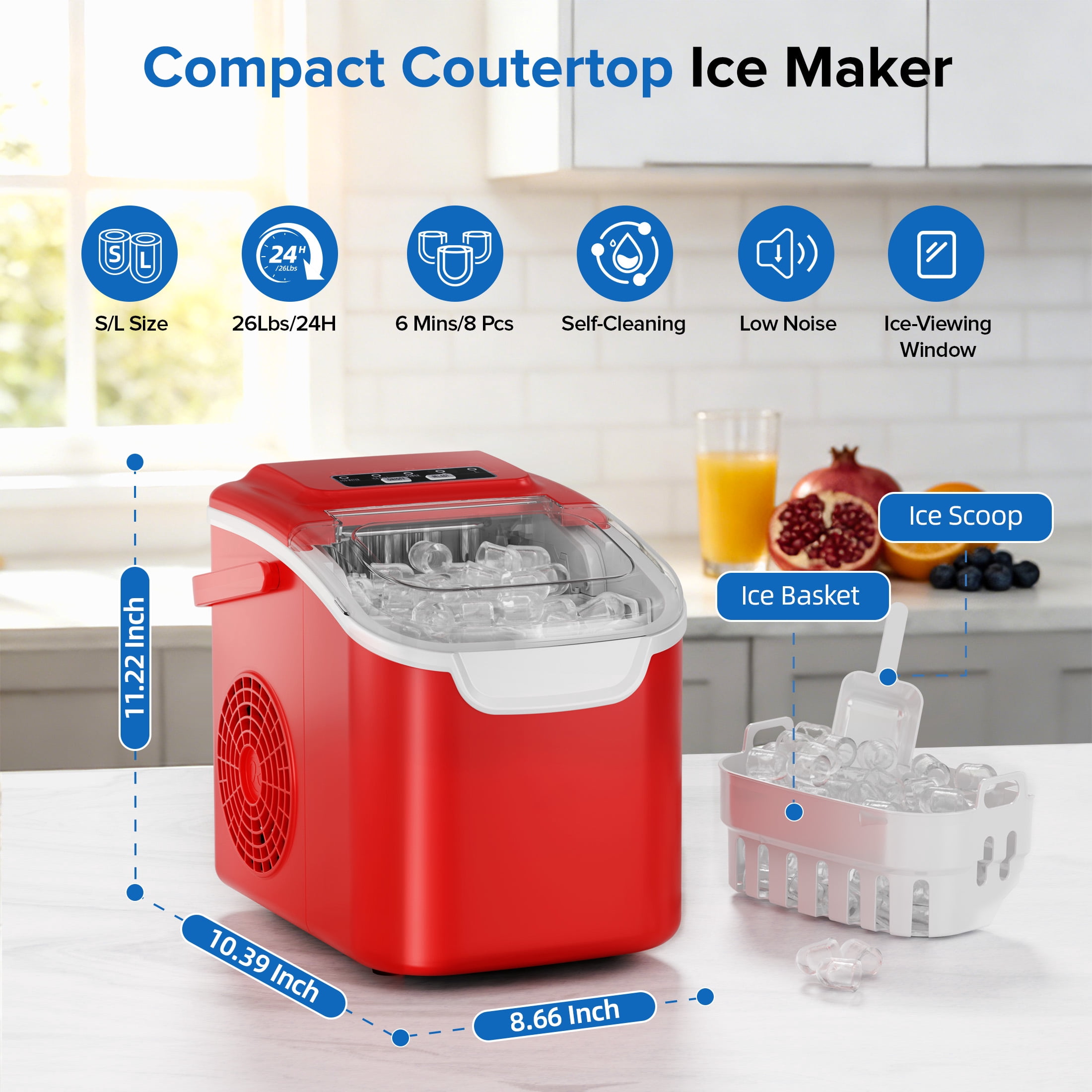 Auseo Countertop Ice Maker Machine 26lbs/24H, 2 Sizes of Bullet Ice, 6 Mins/8 Bullets of ice, Self-Cleaning, Red