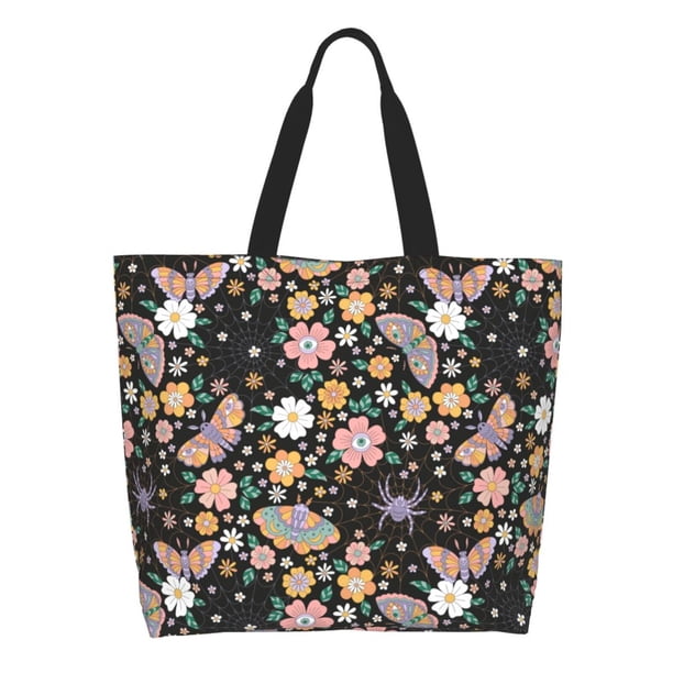 Fotbe Floral Insects Bolsa Tote Estética de Lona con Estampado para Mujer - Bolsa Reutilizable de Hombro Casual para Vacaciones, Compras, Trabajo y Gimnasio