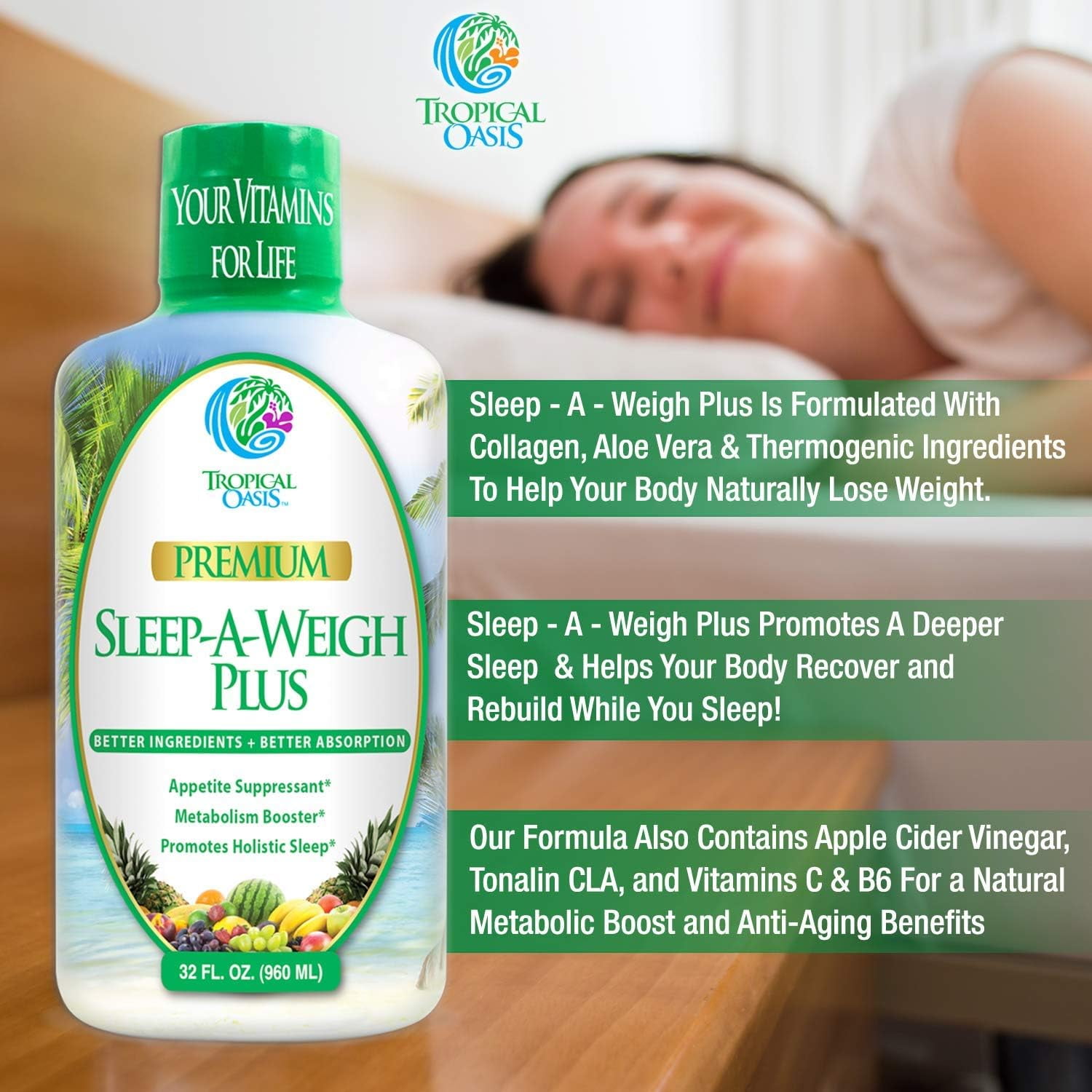 Tropical Oasis Sleep-A-Weigh Plus, Liquid Sleep Multimineral, Blend with L-Carnitine & CLA, Strawberry Mango, 32 fl oz, 32 Servings