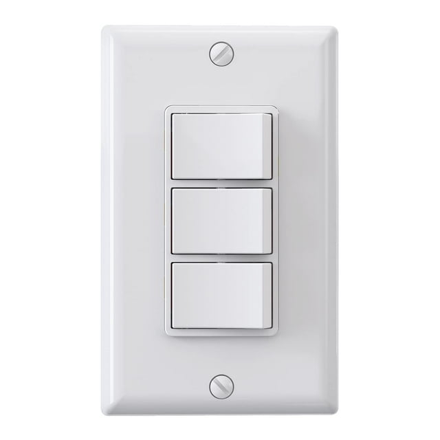PinesC Triple Rocker Light Switch, Three Single Pole Electrical Paddle Switch, 15A 125V, in-Wall On/Off Switch, Self-grounding, Wall Plate is Included, UL Listed (1 Pack, Glossy White) White